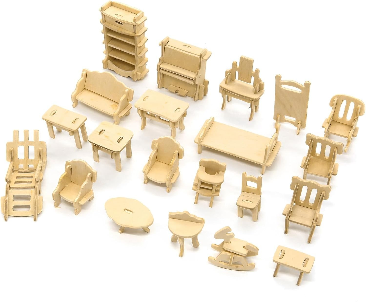 Wooden Dollhouse Furniture Set - 34 Pieces Miniature DIY Kit, Paintable
