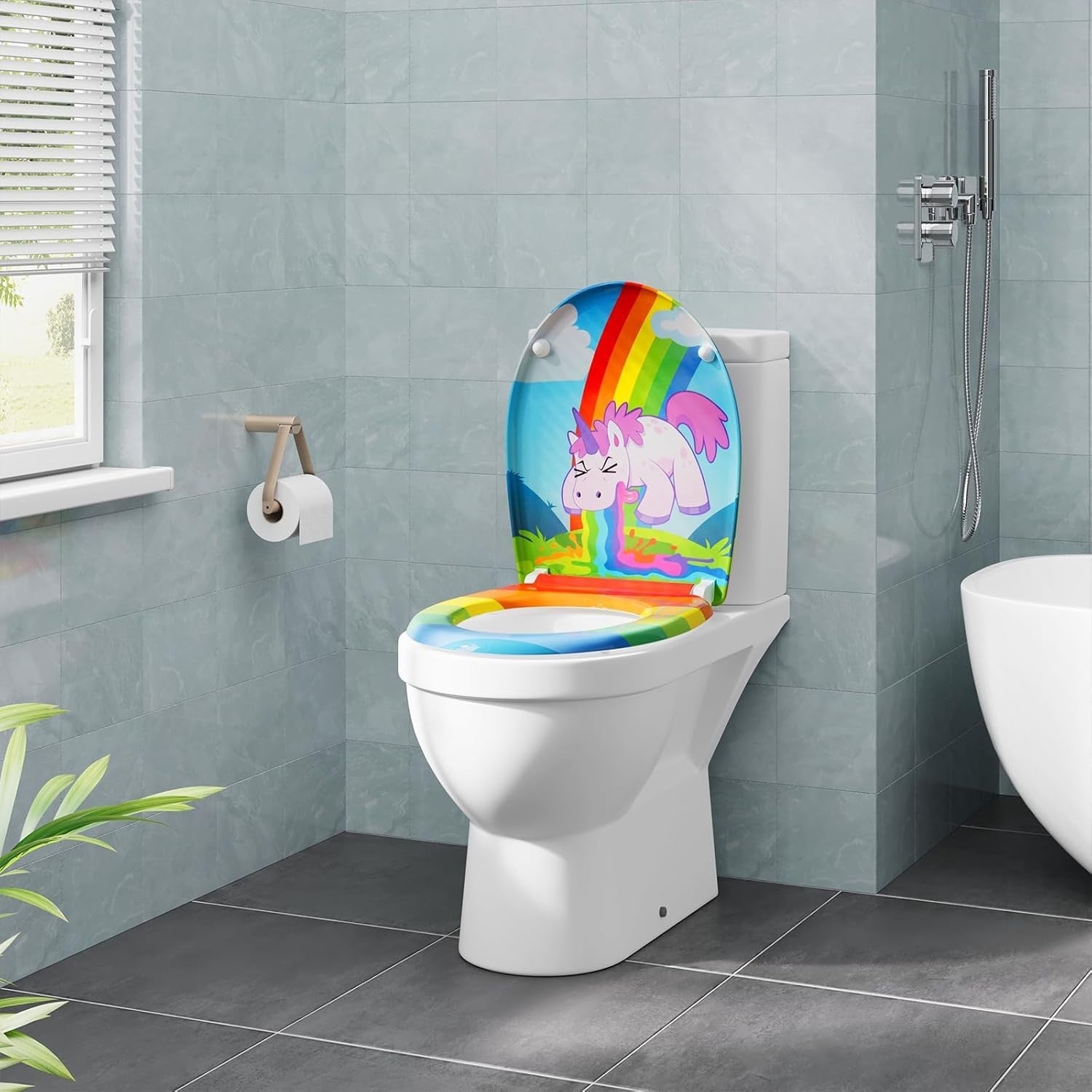 Soft Close O-Shaped Toilet Seat Quick Release Duroplast Rainbow Unicorn Print