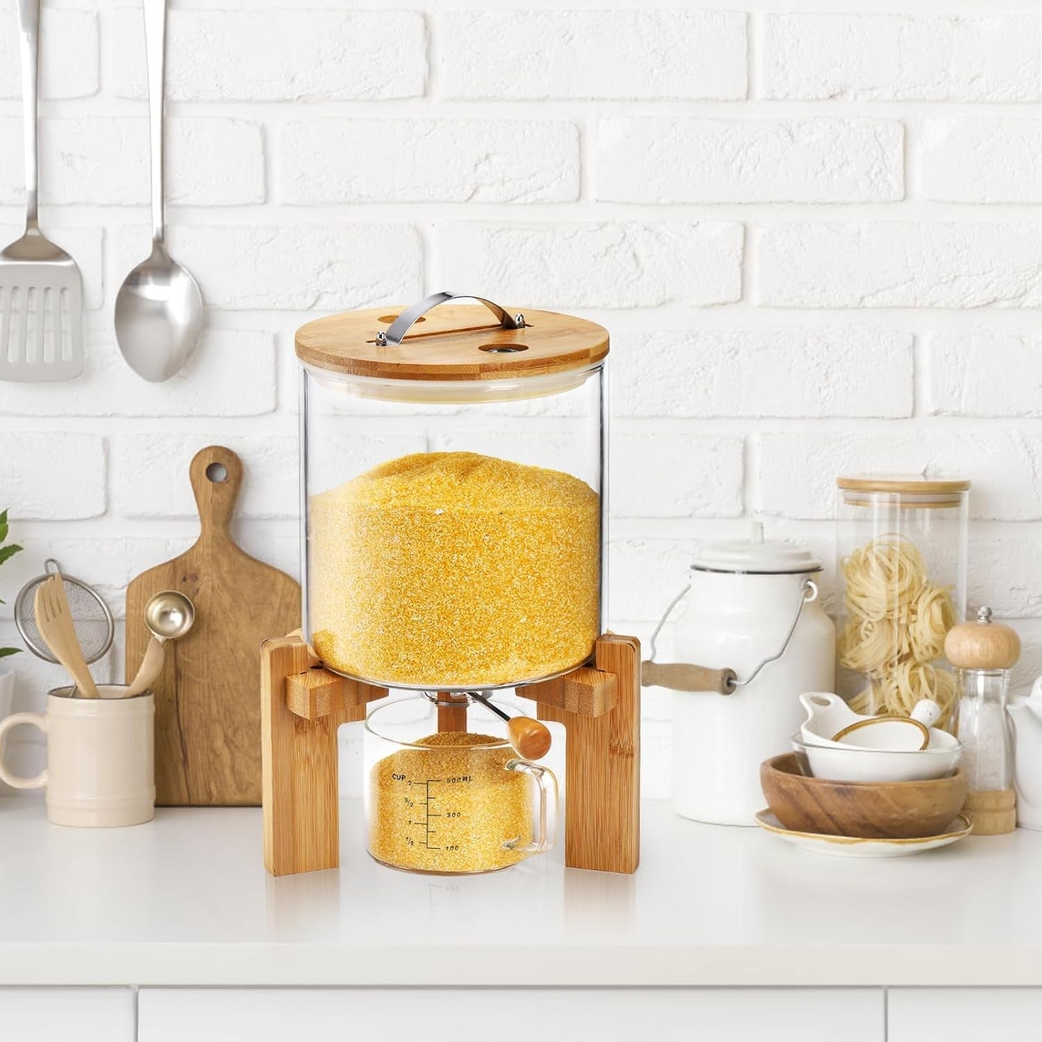 5L Glass Rice Dispenser Airtight Bamboo Stand w Measuring Cup