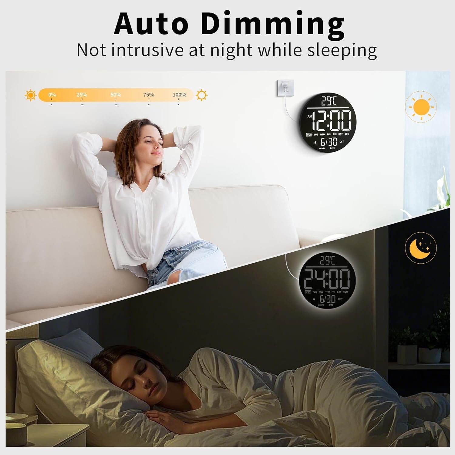 White LED Digital Wall Clock 10 Inch Remote Control Night Light Display