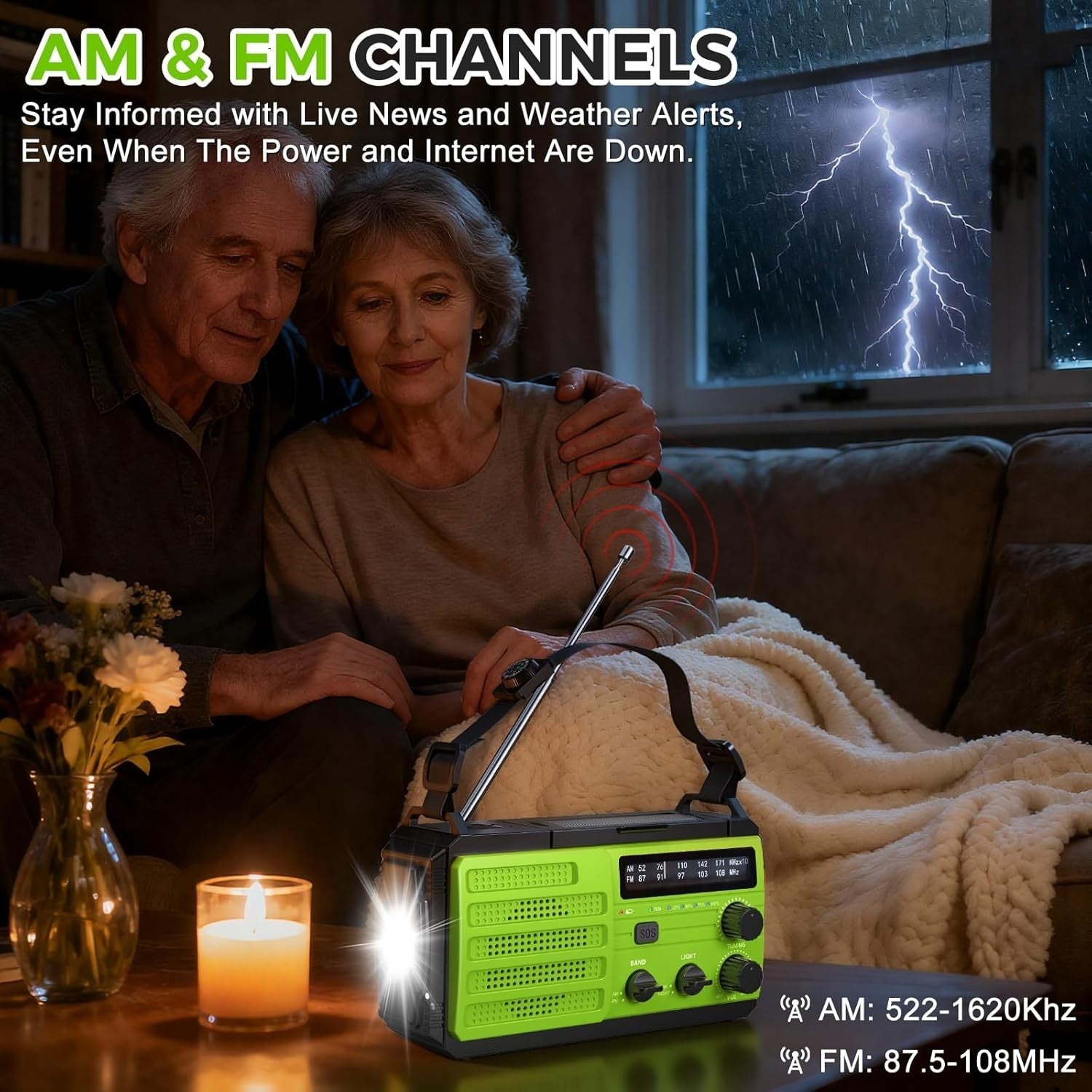 8000mAh Emergency Wind Up Radio Solar AM/FM, USB Charger SOS