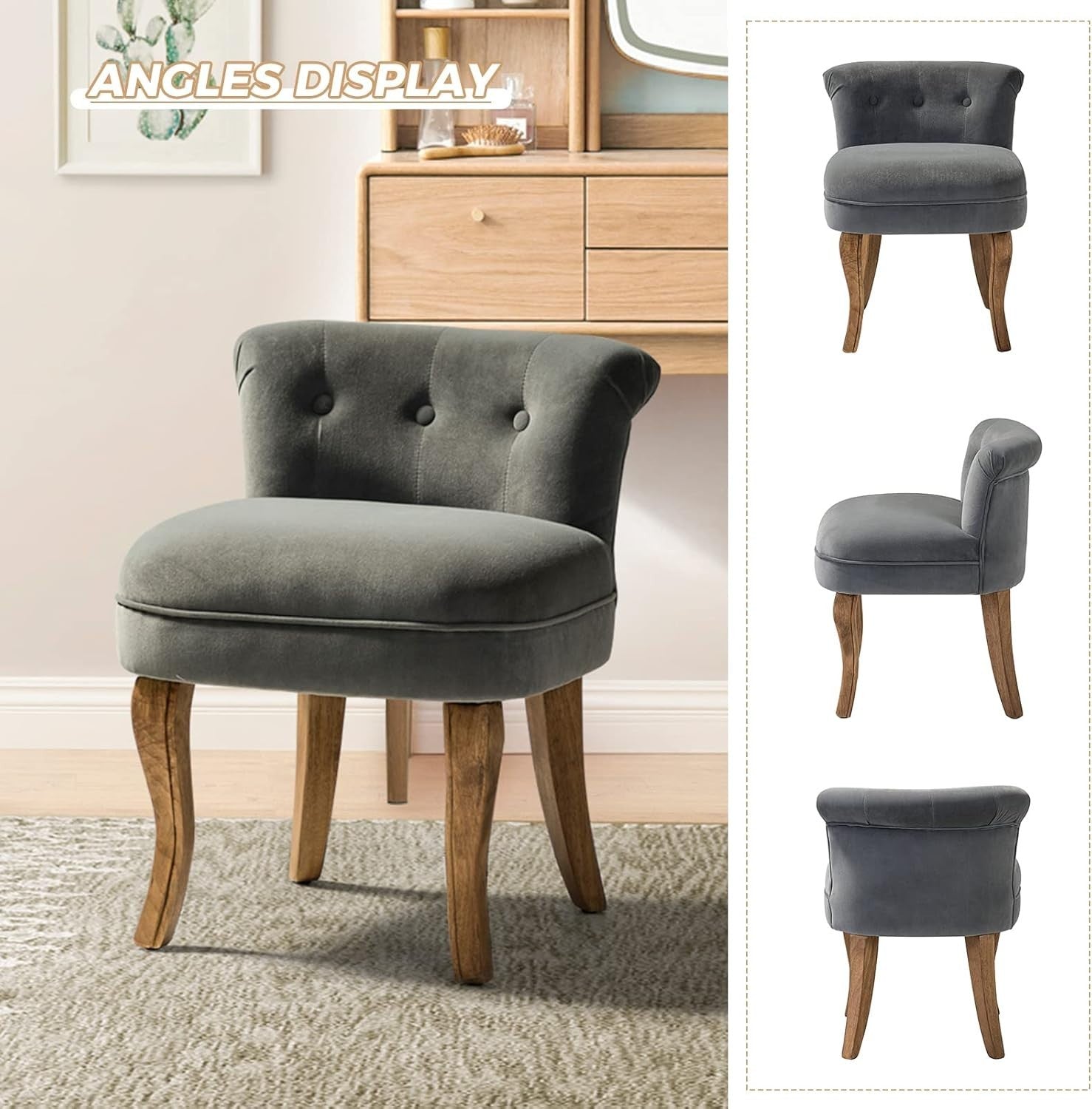 Set of 2 Grey Velvet Upholstered Vanity Chairs – Barrel Back Accent Seats