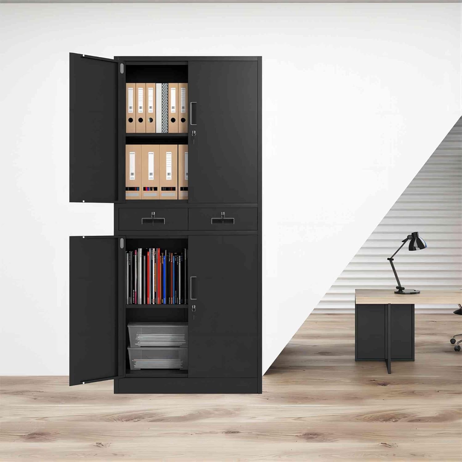 Tall Metal Storage Cupboard with Lock Doors Drawers Adjustable Shelves Black