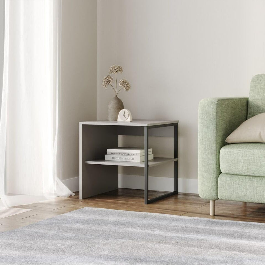 Grey 40cm Wood & Steel Side Table – Bedside or Sofa Table with Open Shelf