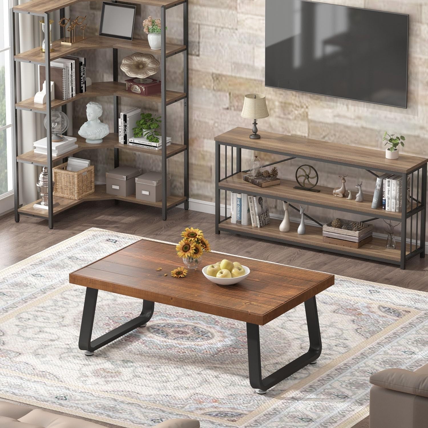 Rustic Wood Coffee Table 100CM – Industrial Metal Frame, Thick Top