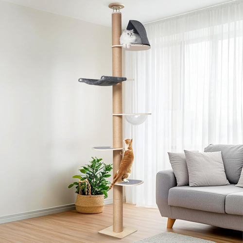 Floor to Ceiling Cat Tree Tower 6 Level Adjustable Scratching Post Capsule Bed