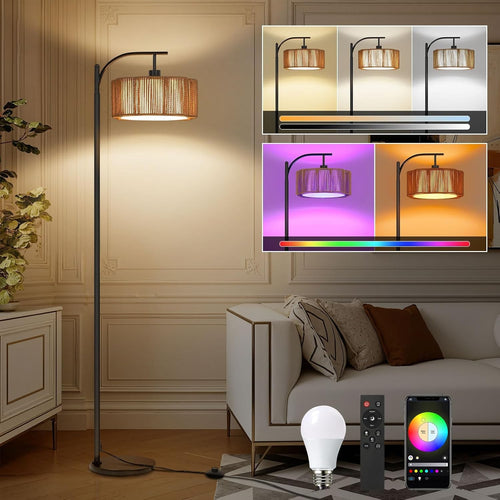 RGB Dimmable Floor Lamp Remote App Control Rattan Shade Music Sync E27