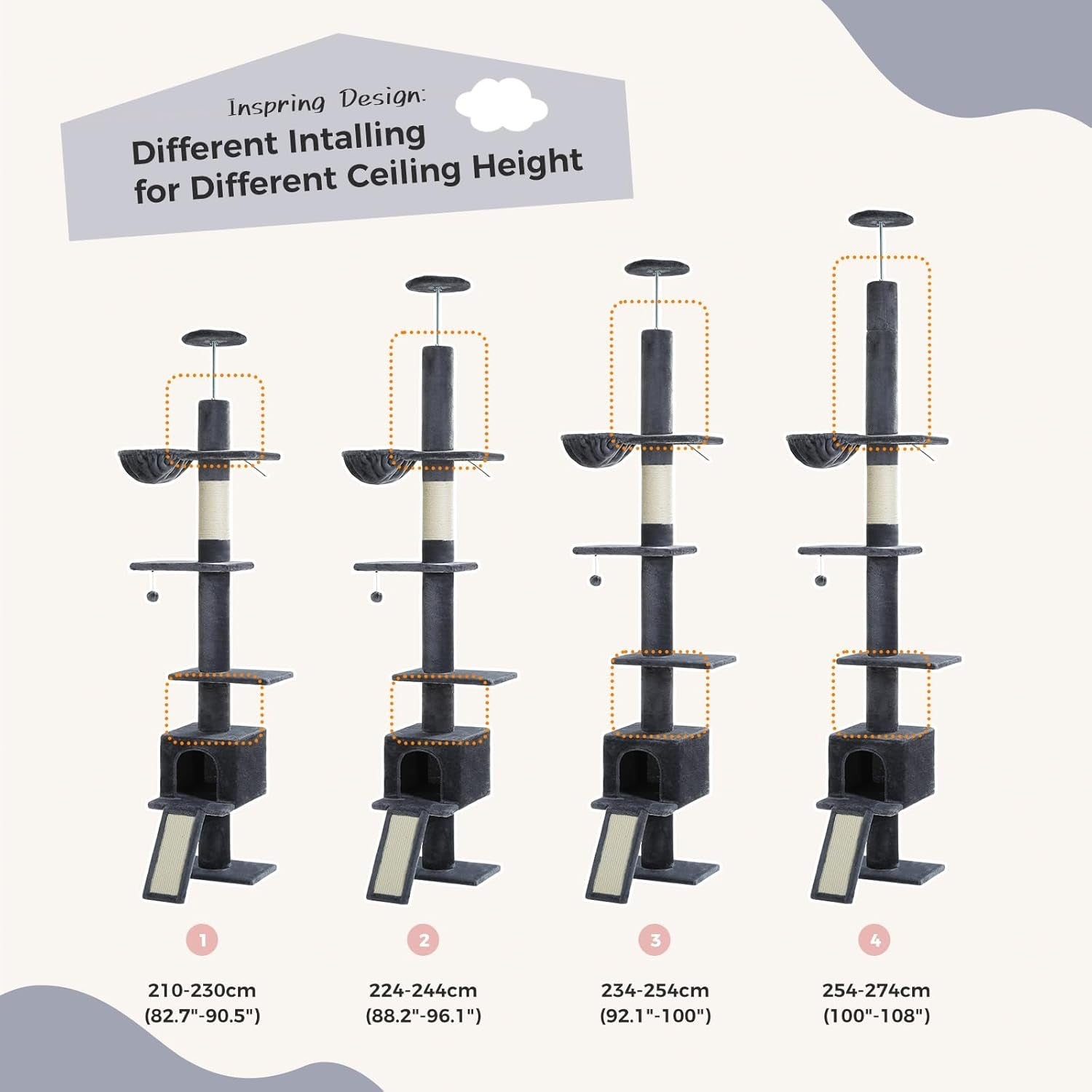 Floor to Ceiling Cat Tree Adjustable 216–273cm Tower Condo Hammock