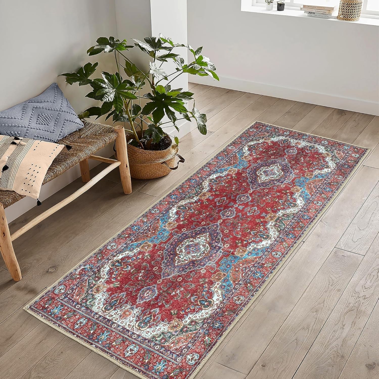 Washable Runner Rug 80x150cm Non-Slip Soft Hallway Kitchen Mat Burgundy Red Blue