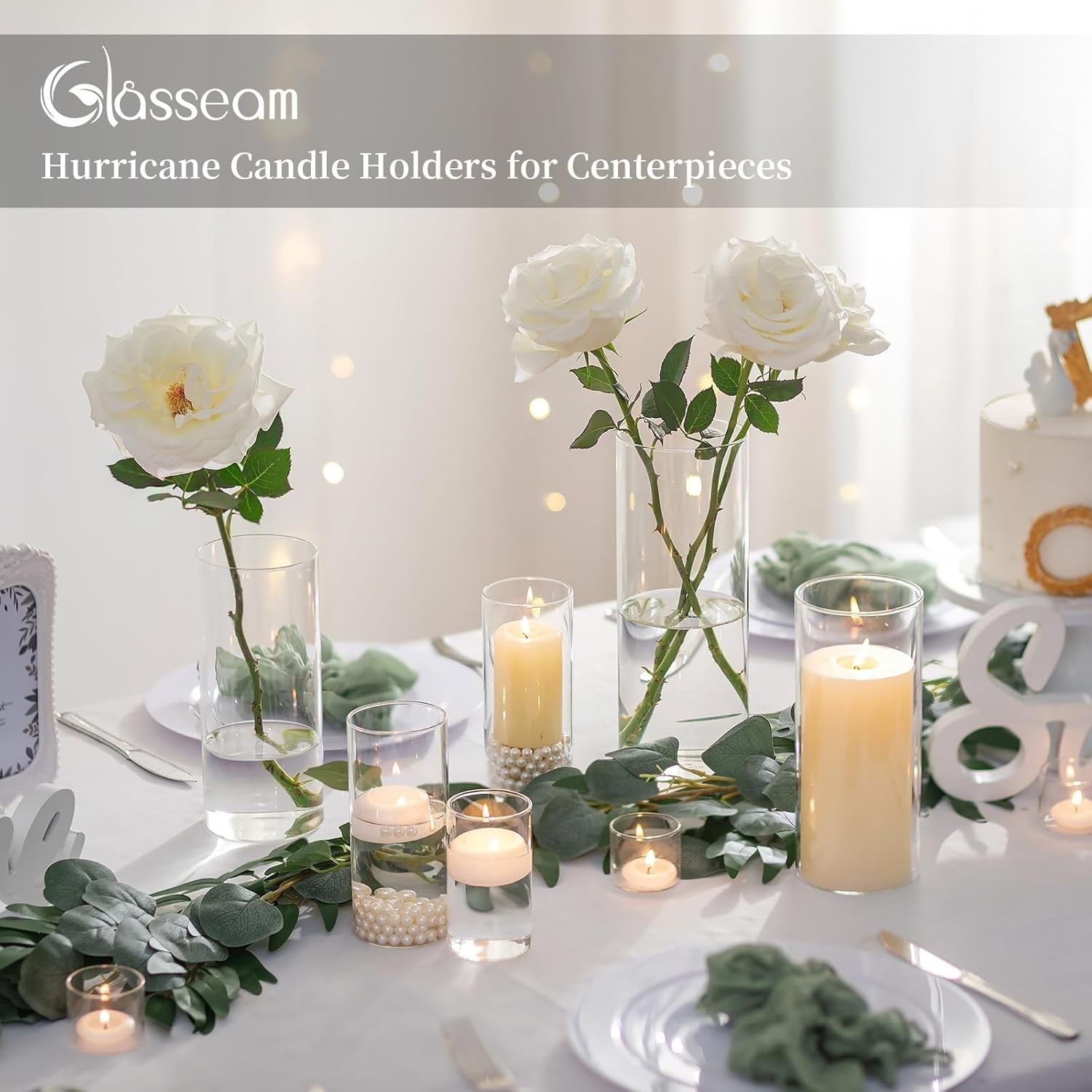 Glass Hurricane Candle Holders Set of 3 Clear Cylinder Wedding Table Decor