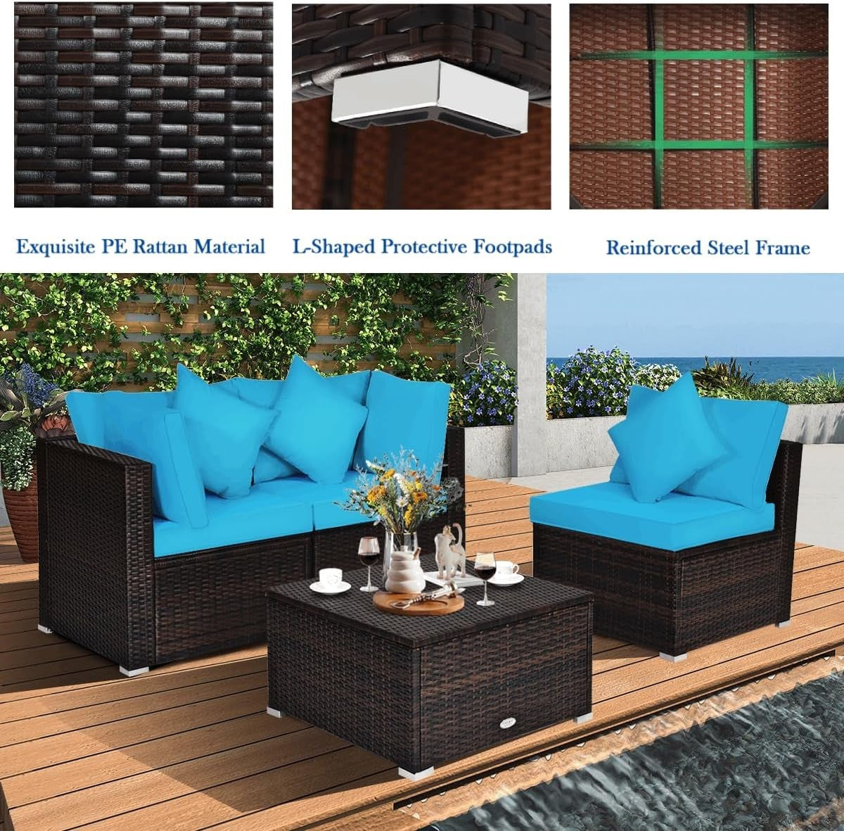 4PC Turquoise Rattan Garden Sofa Set Modular Patio Lounge Coffee Table
