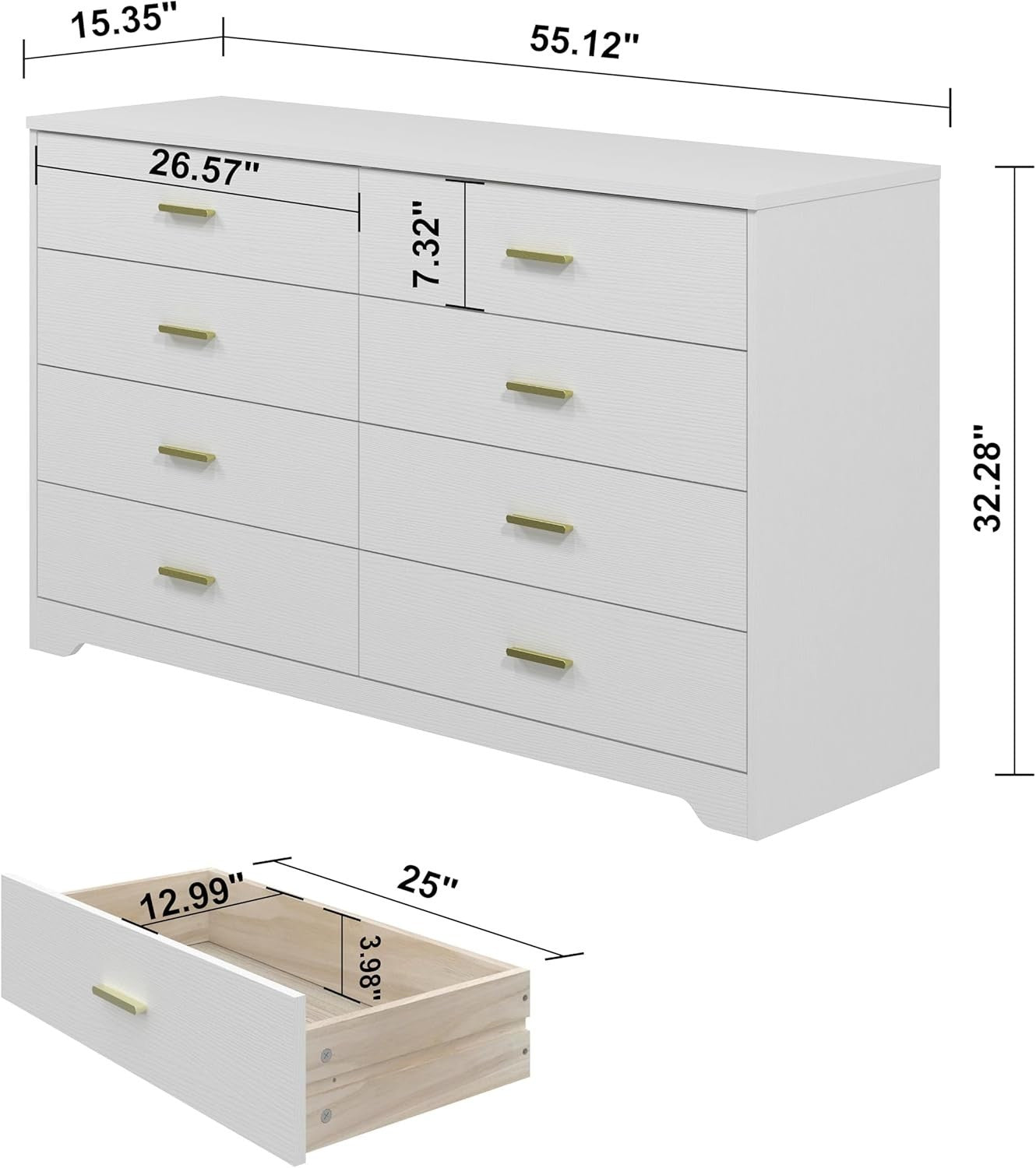 White 8 Drawer Wide Chest Storage Dresser Gold Handles Bedroom Unit