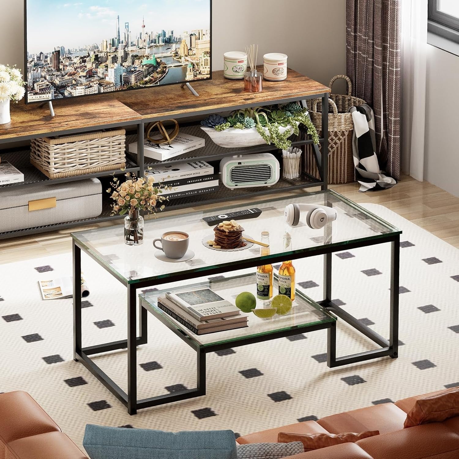 Modern Glass Coffee Table with Shelf – Black Metal Frame 2-Tier 100cm