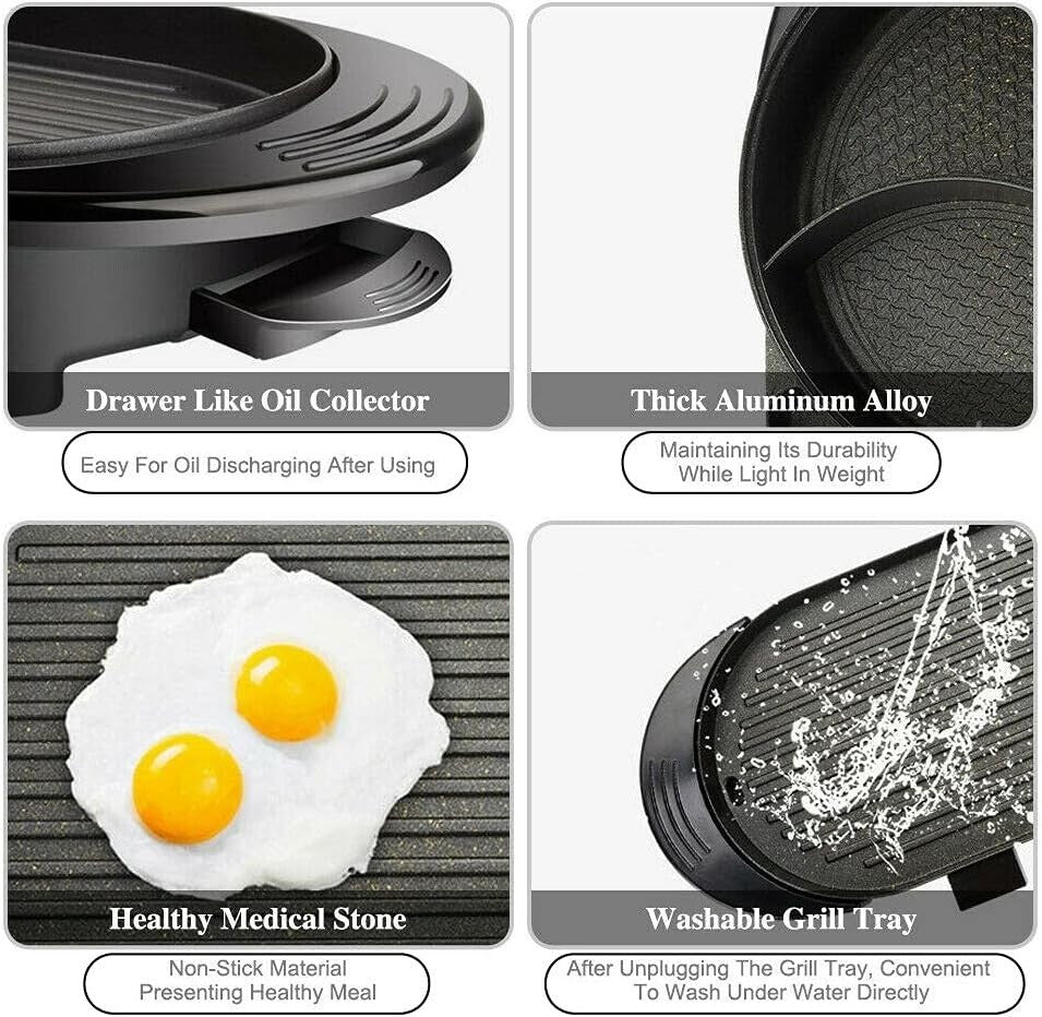 2 in 1 Electric Hot Pot & Grill Non-Stick Teppanyaki BBQ Pan Adjustable Heat