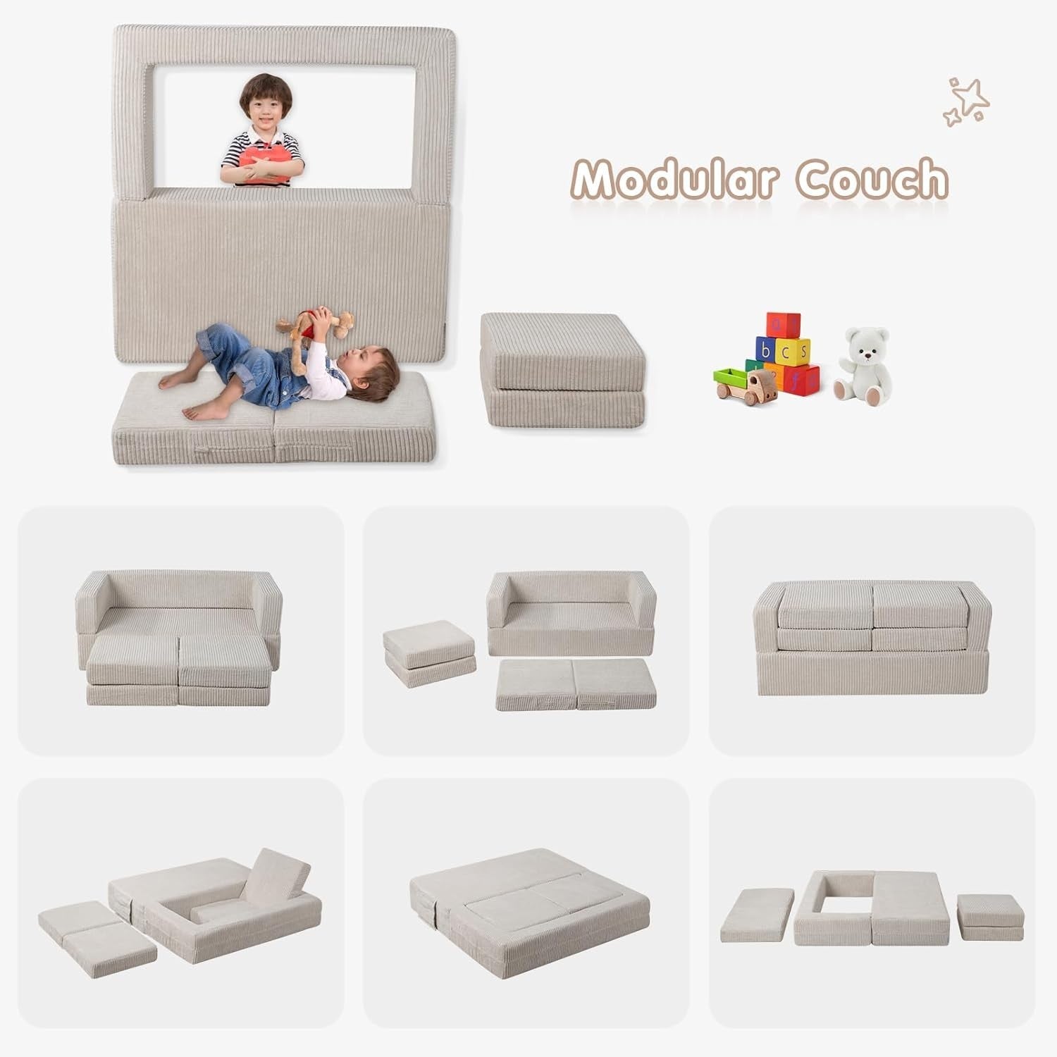 Ultra-Soft Kids Sofa Bed with Cushions, 2-Seater Foam Sofa for Toddlers Beige