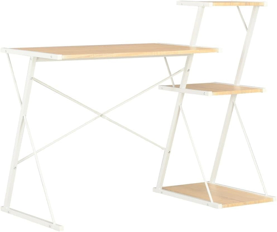 White Brown Z-Shaped Computer Desk 116cm with 3 Tier Shelves
