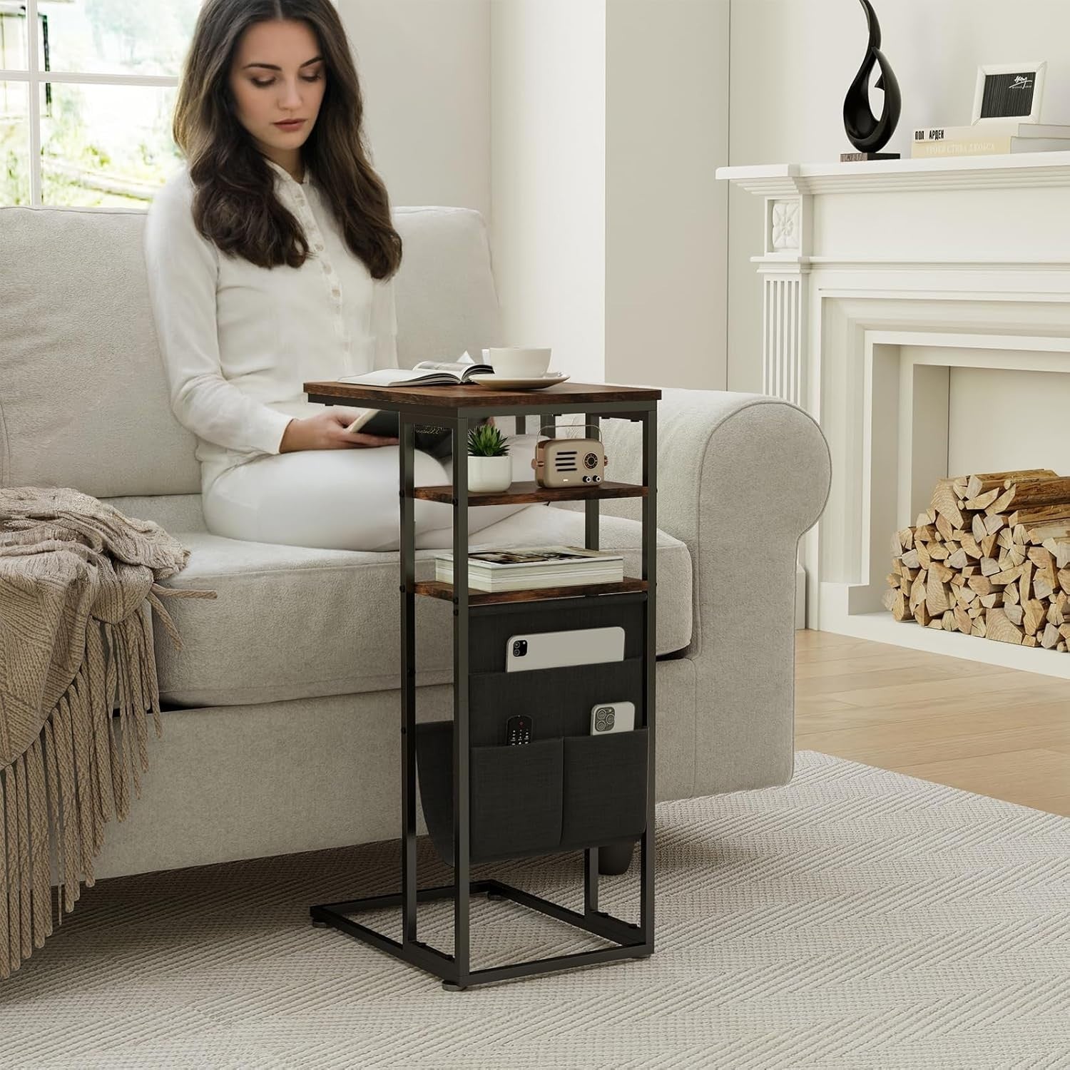 Retro Brown C-Shaped End Table 3-Tier Storage Slim Sofa Side Table Durable