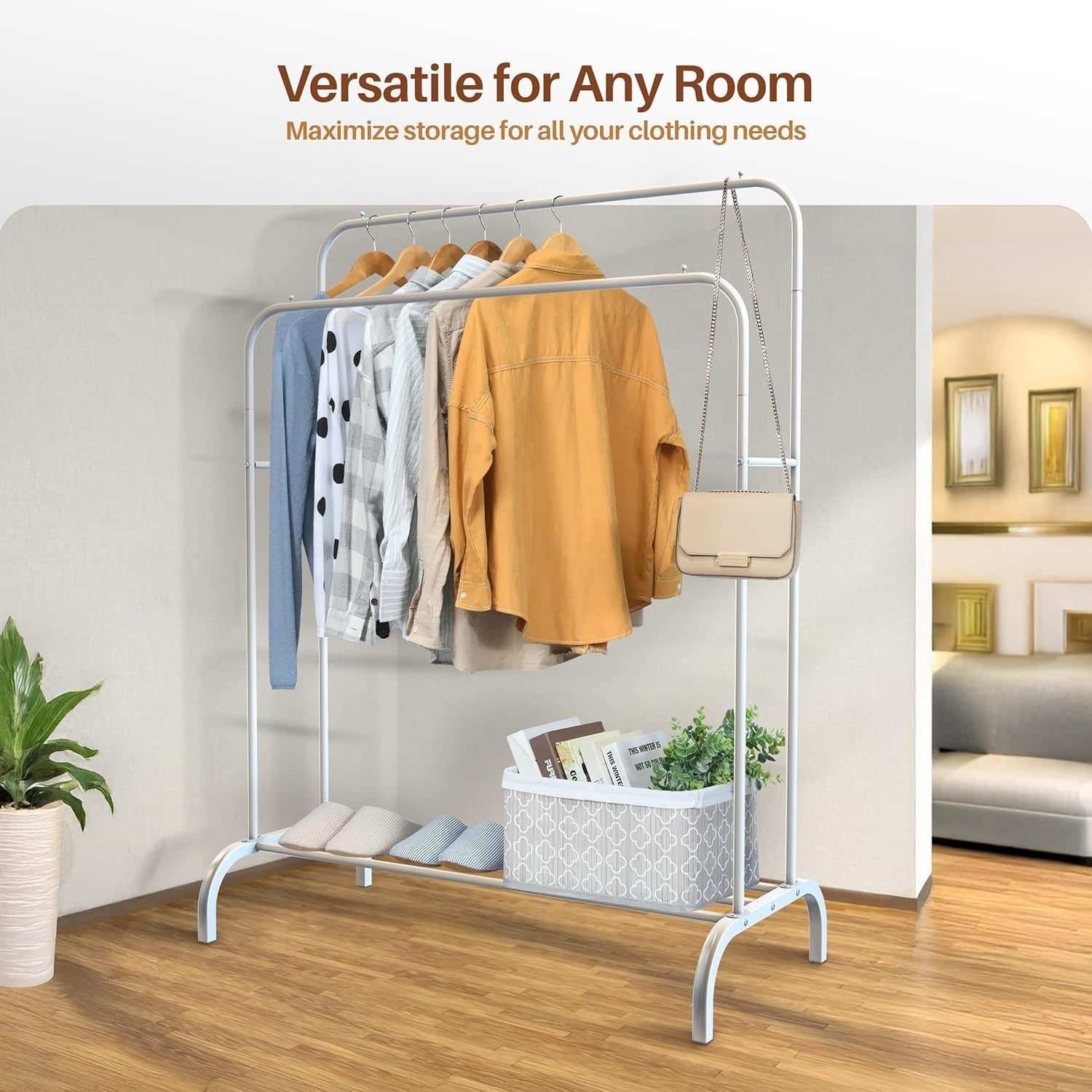 Heavy Duty Double Clothes Rail with Shoe Shelf - White