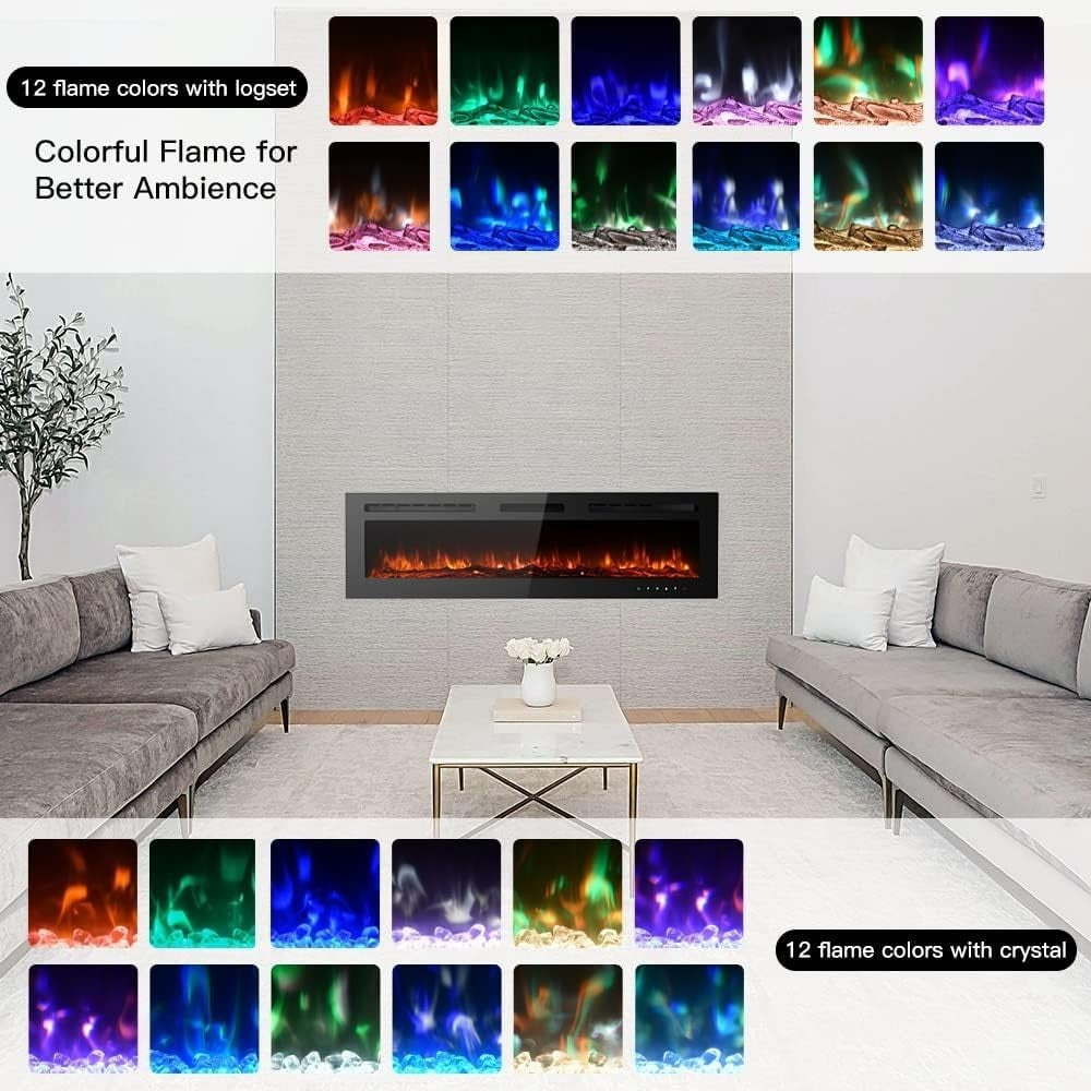60in Electric Wall Fireplace 12 LED Flame Colours Remote Heater Recessed