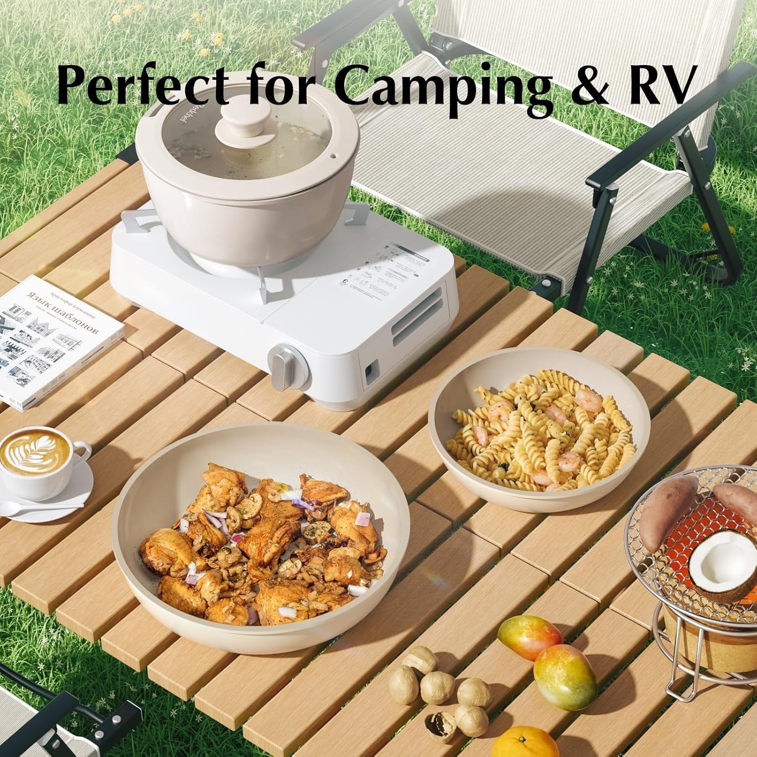 5pcs Beige Non Stick Ceramic Cookware Set with Detachable Handle PFAS PFOA Free