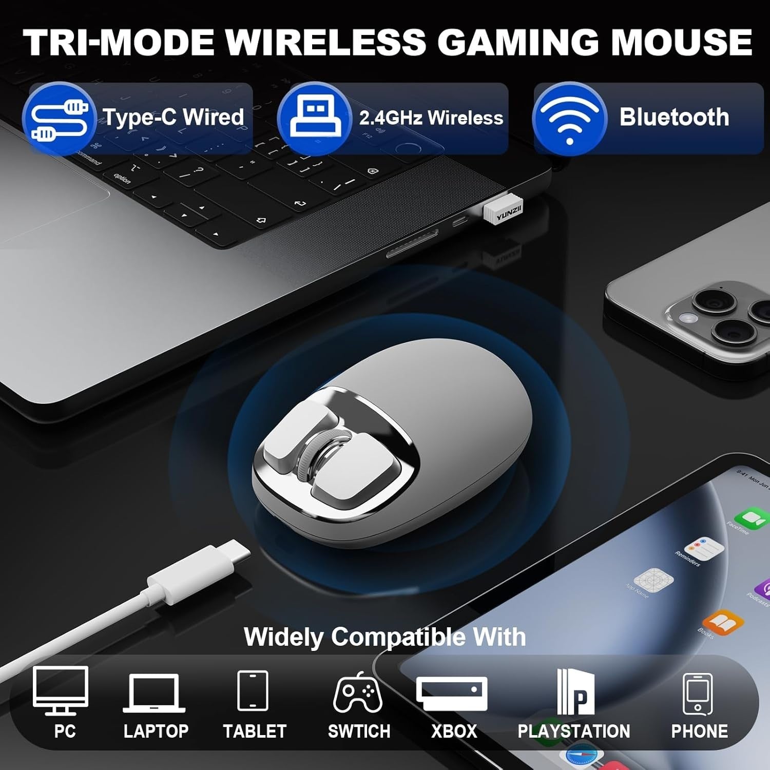 Tri-Mode Wireless Mouse 4800 DPI Bluetooth 2.4G USB-C Rechargeable