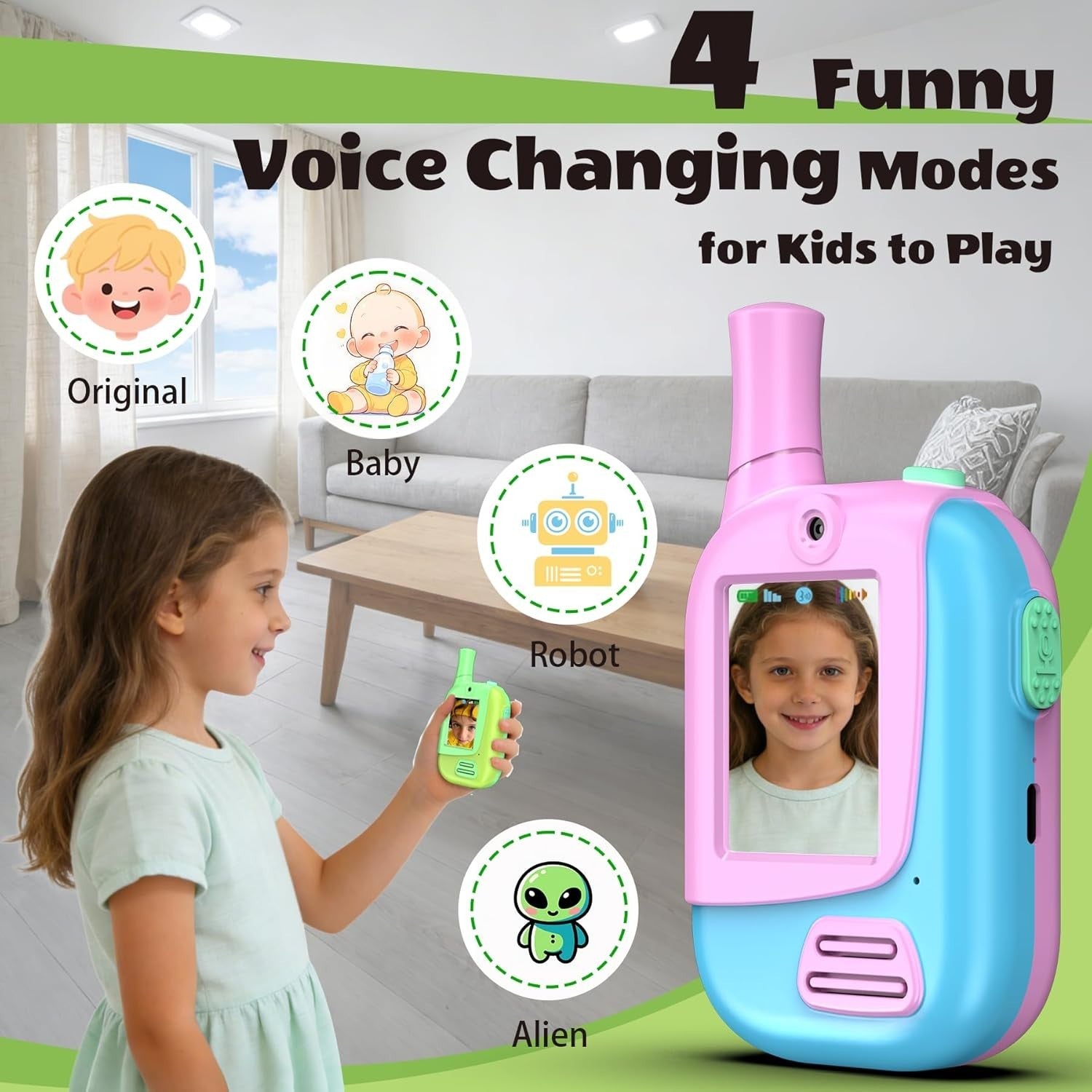 Kids Video Walkie Talkies 2 Pack Rechargeable 300M Range Voice Changer
