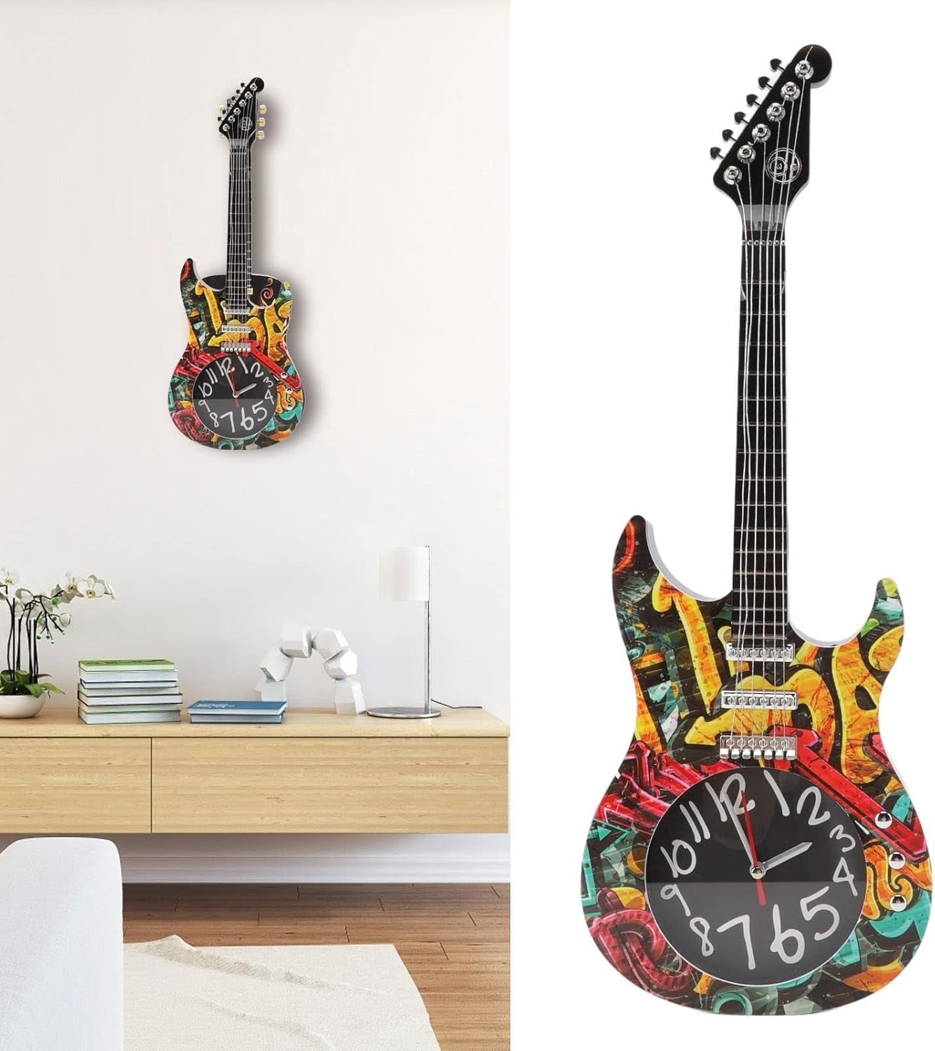Guitar Shape Wall Clock Retro Music Decor 21cm Silent Art Gift for Players