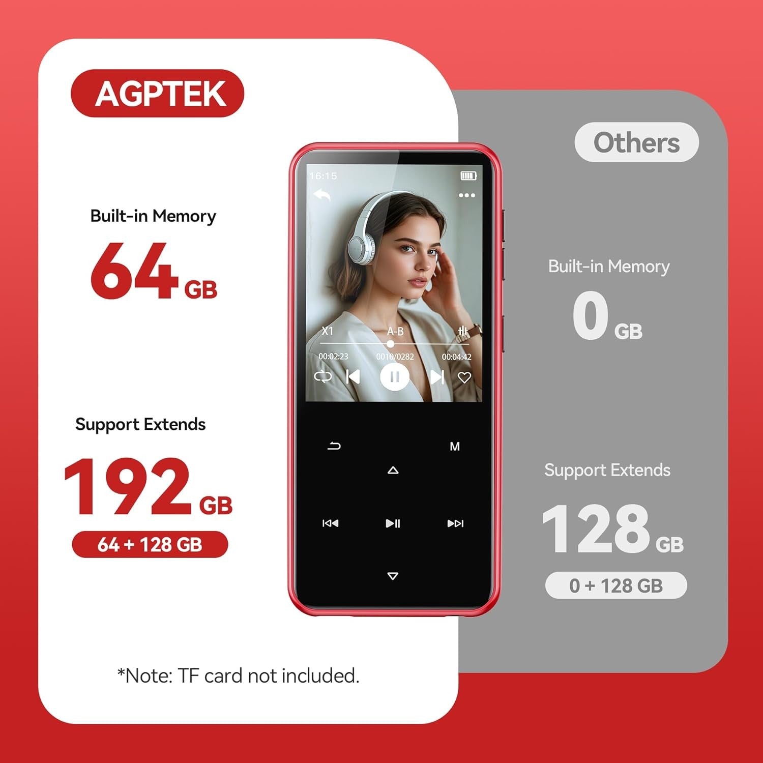 64GB MP3 Player Bluetooth 5.3 2.4" Screen FM Speaker Red