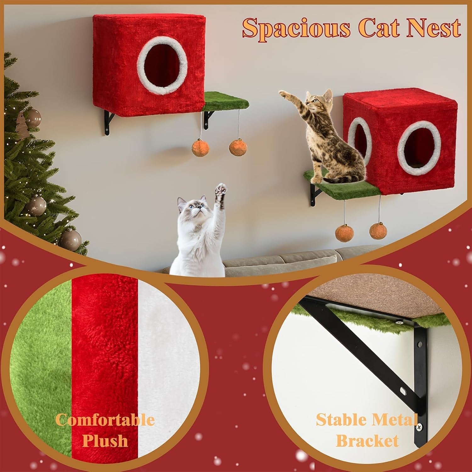 Christmas Cat Wall Shelves 5pcs Festive Climbing Set Red Green Wall Mounted