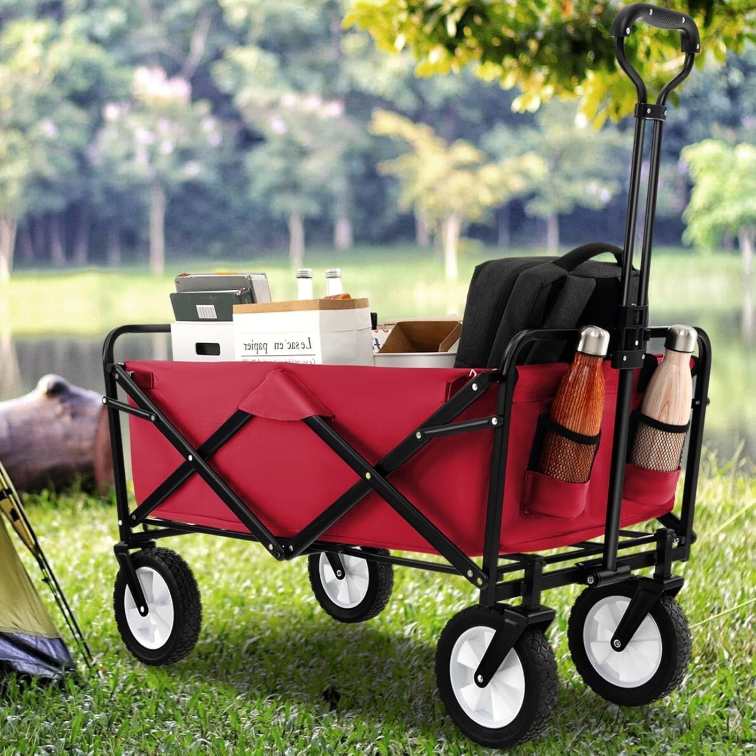 Folding Festival Trolley Wagon 82L Heavy Duty Cart All Terrain Wheels Red