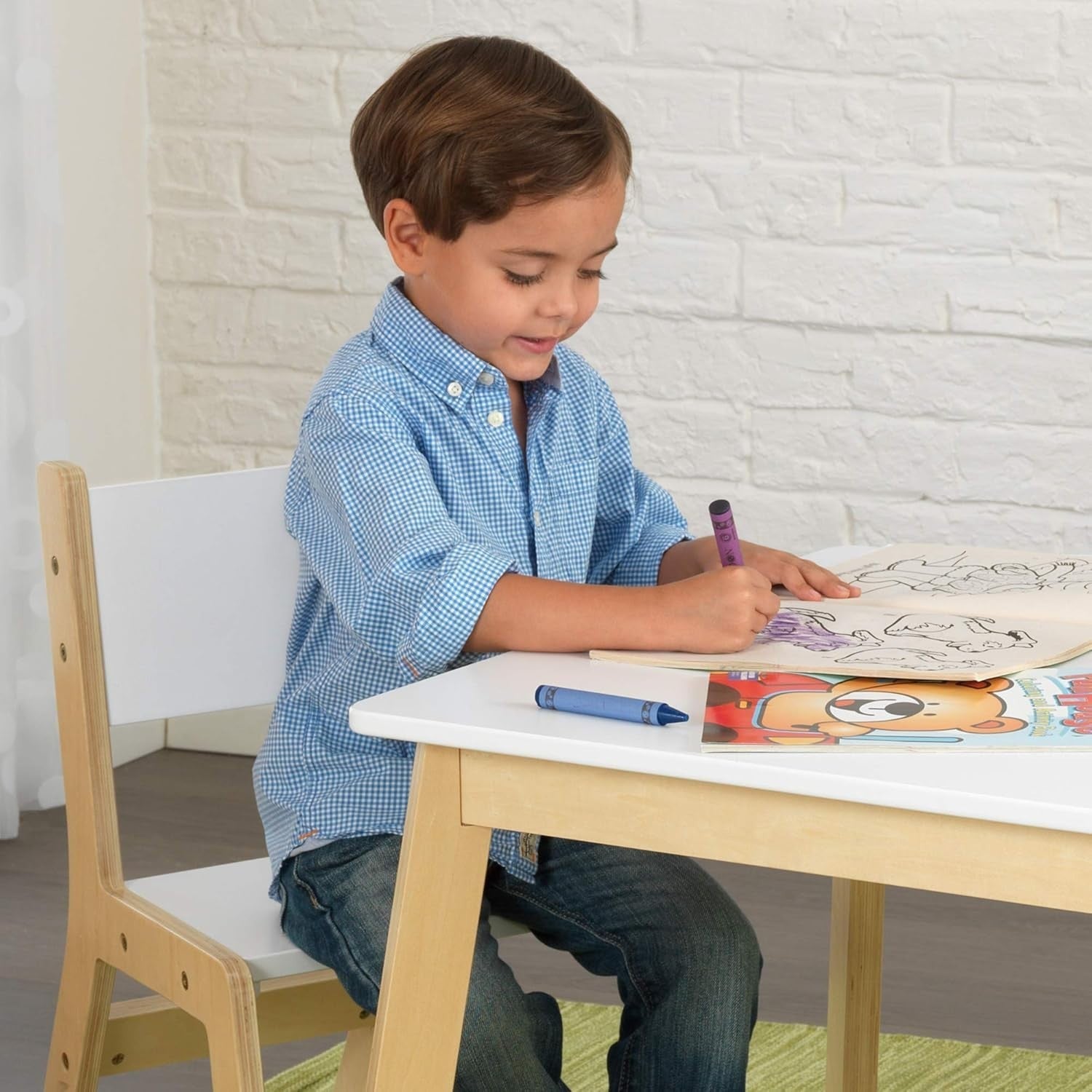 Kids Wooden Table & 2 Chairs Set, Modern White Playroom Furniture 64cm