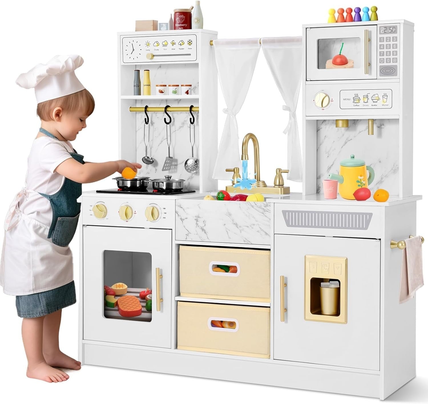 Large Wooden Kids Play Kitchen White Lights Sounds Toy Kitchen Set