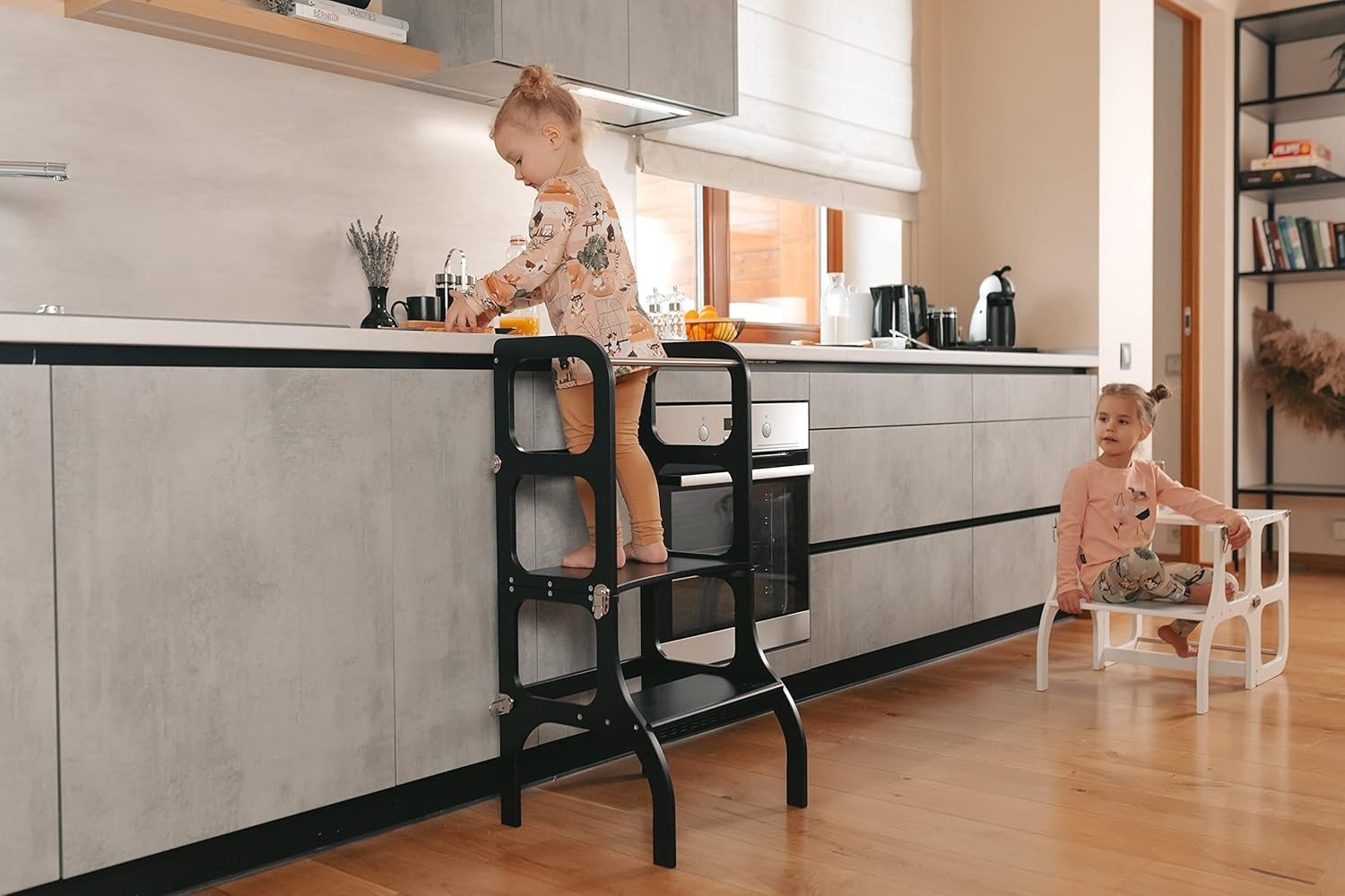 Montessori Learning Tower & Table 2-in-1 – Black Stool w/ Brass Clasps