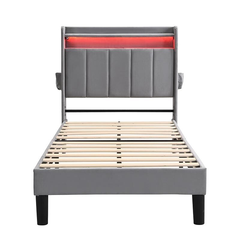 Single Bed 3FT Grey Velvet USB Charging LED Light Storage Bed for Teen Kids