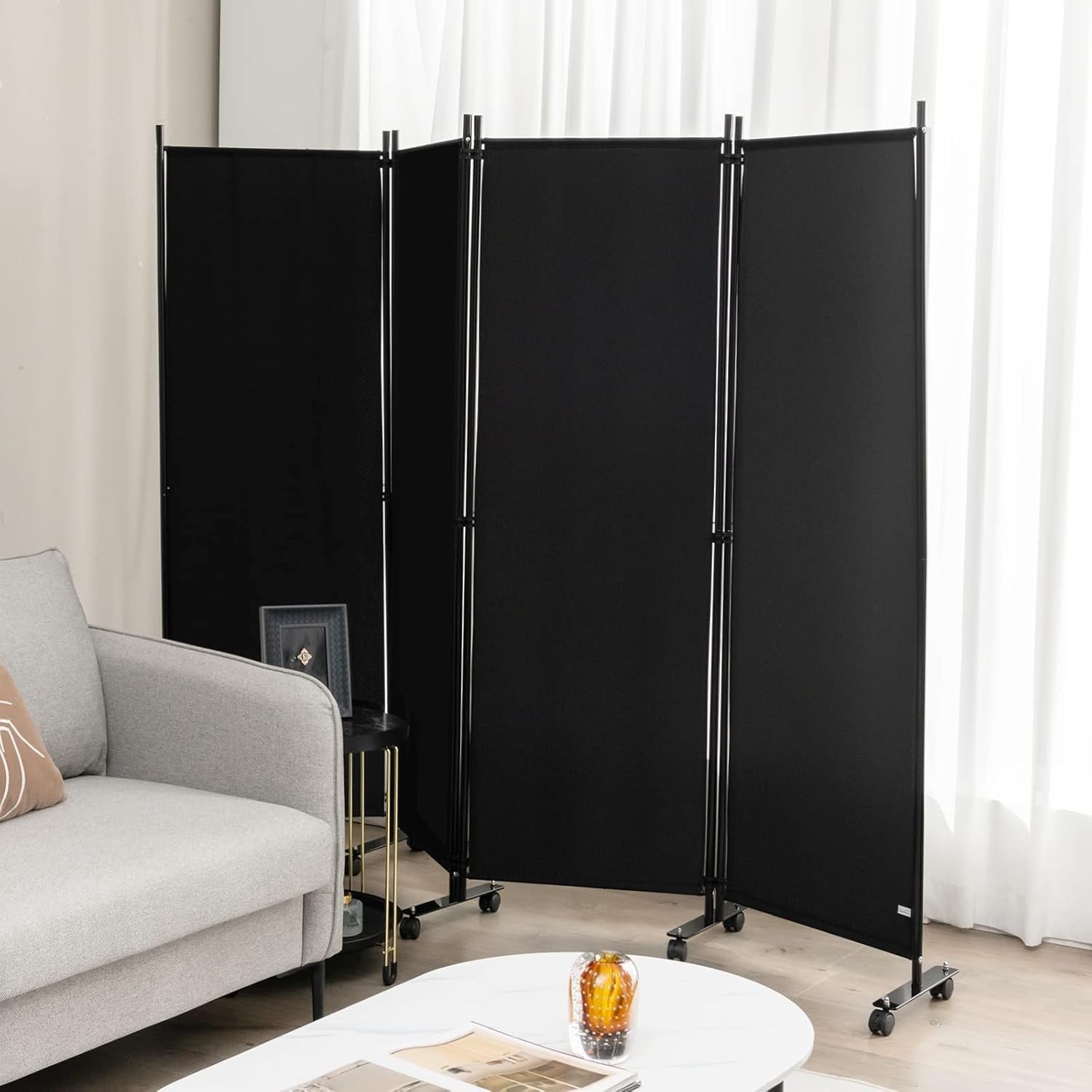 4-Panel Black Folding Room Divider 224x30x172cm Privacy Screen Partition