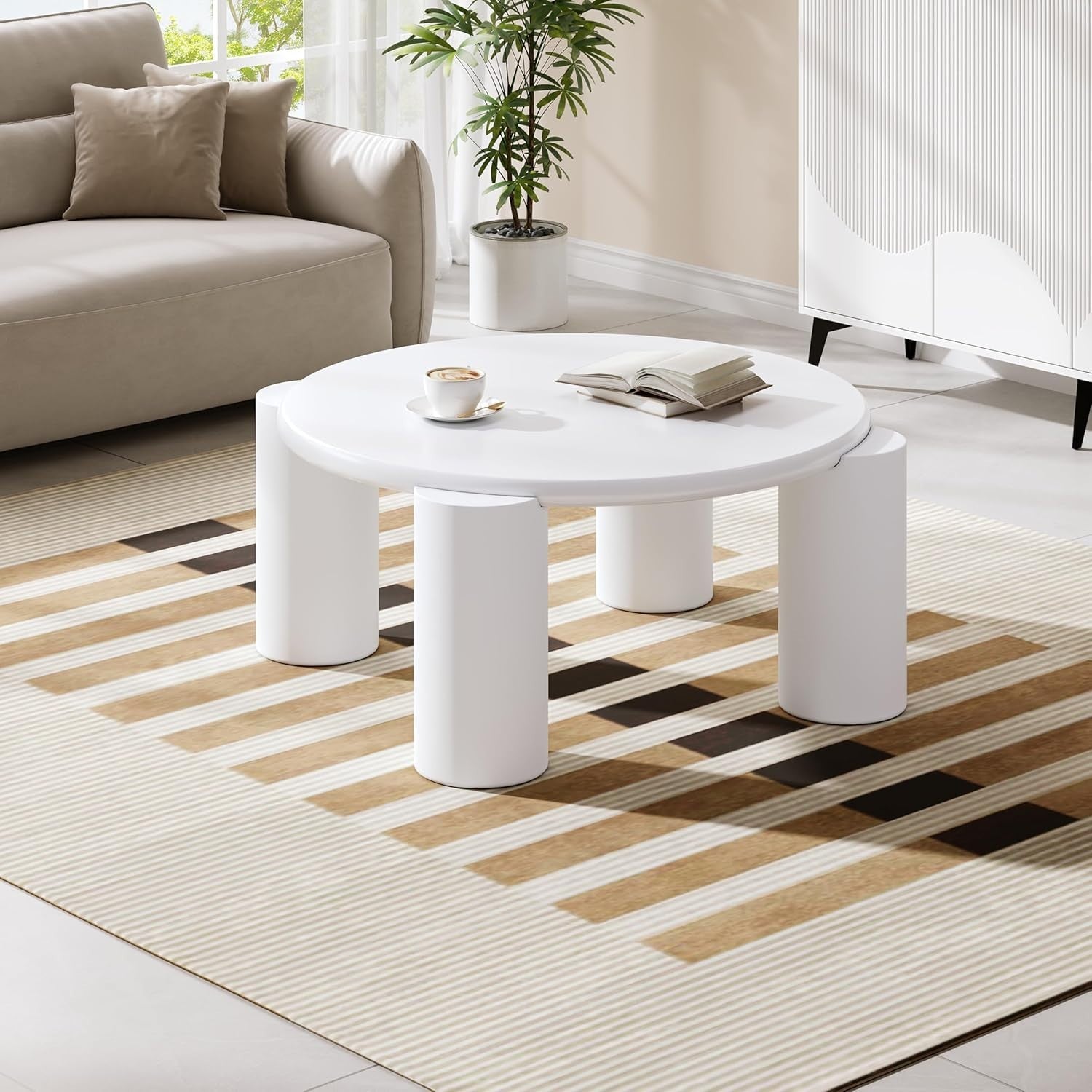 Round White Wooden Coffee Table, Stylish Modern Design, Sturdy & Space-Saving