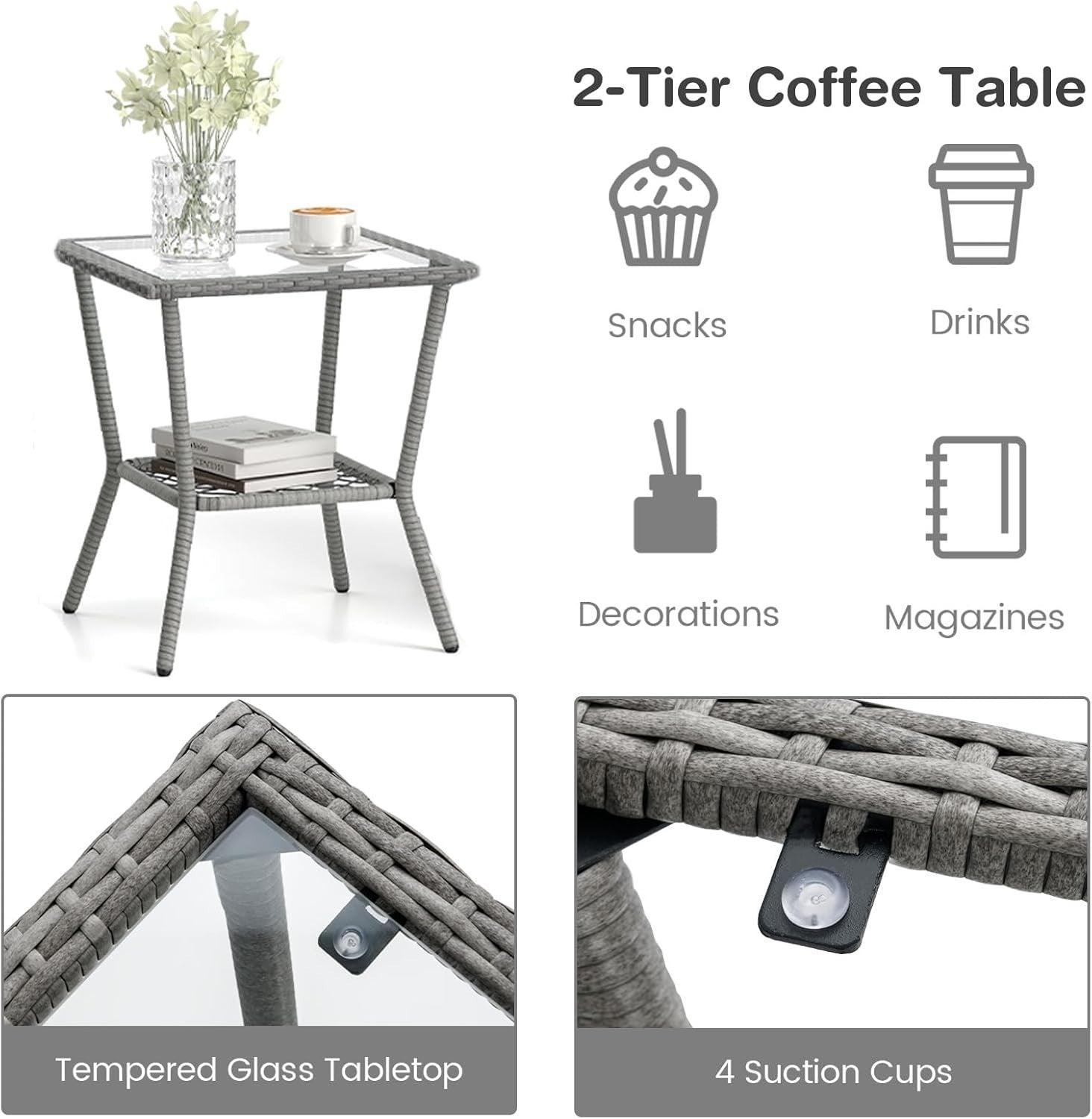 3pc Outdoor Rattan Rocking Bistro Set Cushioned Chairs Glass Table Patio