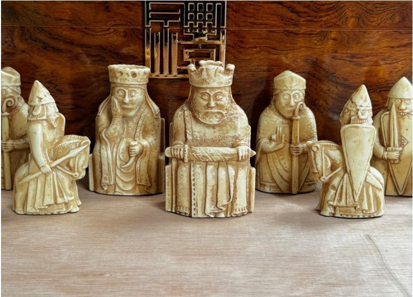 Luxury Isle of Lewis Ivory & Teak Chess Pieces in Burlwood Display Box
