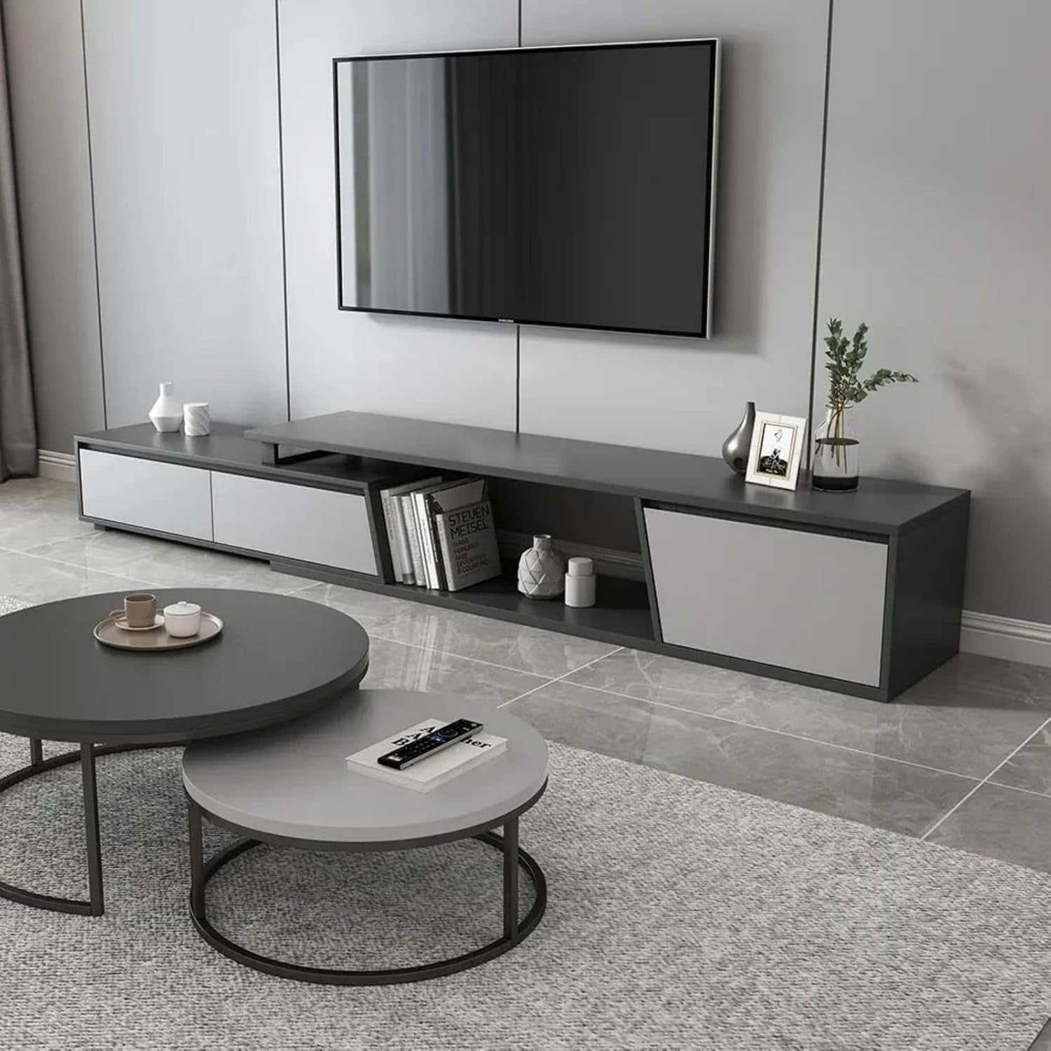 Extendable TV Console Gray with 3 Drawers Modern Entertainment Stand 110"