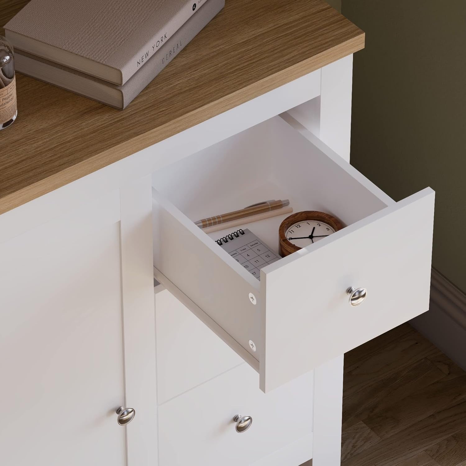 White Sideboard Cabinet with 3 Drawers Oak Top Storage Unit Hallway Slim
