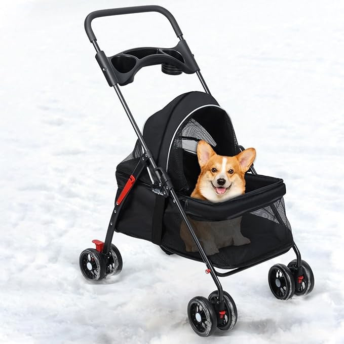4 Wheel Dog Stroller Folding Pet Pram Travel Pushchair with Cup Holder Black