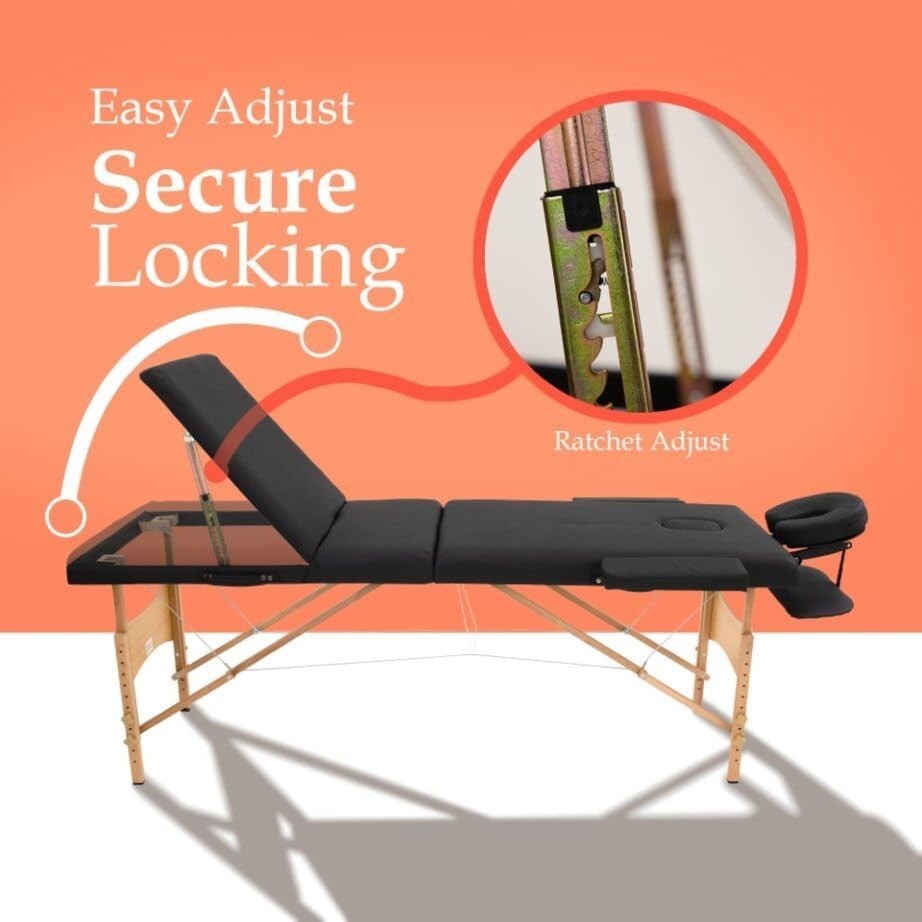Portable Massage Table 3-Section Folding Therapy Bed Backrest Face Cradle Black