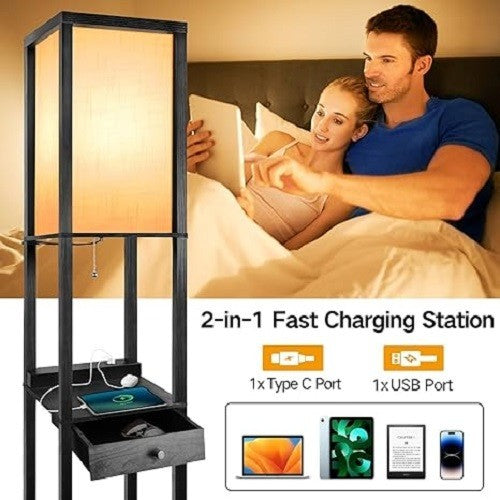 Shelf Floor Lamp with Drawer USB C LED Dimmable Wooden Storage Light