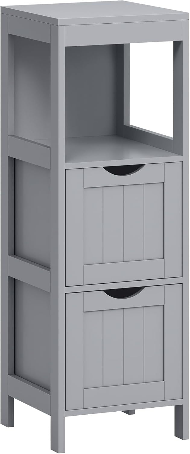 Tall Dove Grey Bathroom Cabinet – 2 Drawers + Open Shelf Freestanding Storage