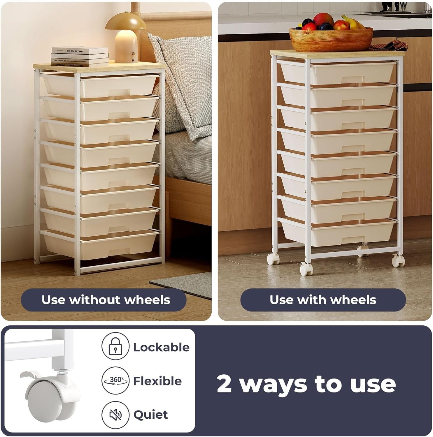 8 Drawer Rolling Storage Trolley Utility Cart Wooden Top White Wheels