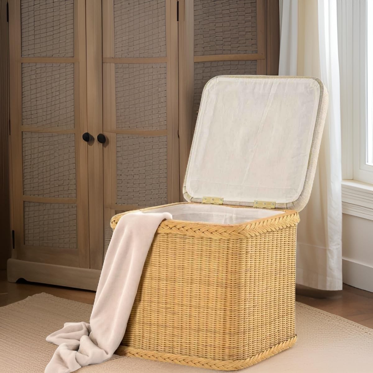 Rattan Laundry Basket Seat with Cushion Lid Honey Storage Chest Square 46×46×50