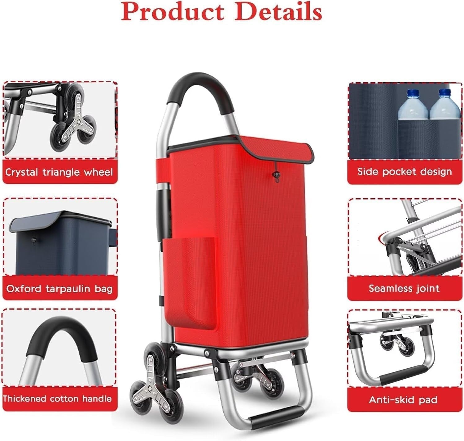 Foldable 6-Wheel Stair Climber Shopping Trolley 36L Red Lightweight 50kg