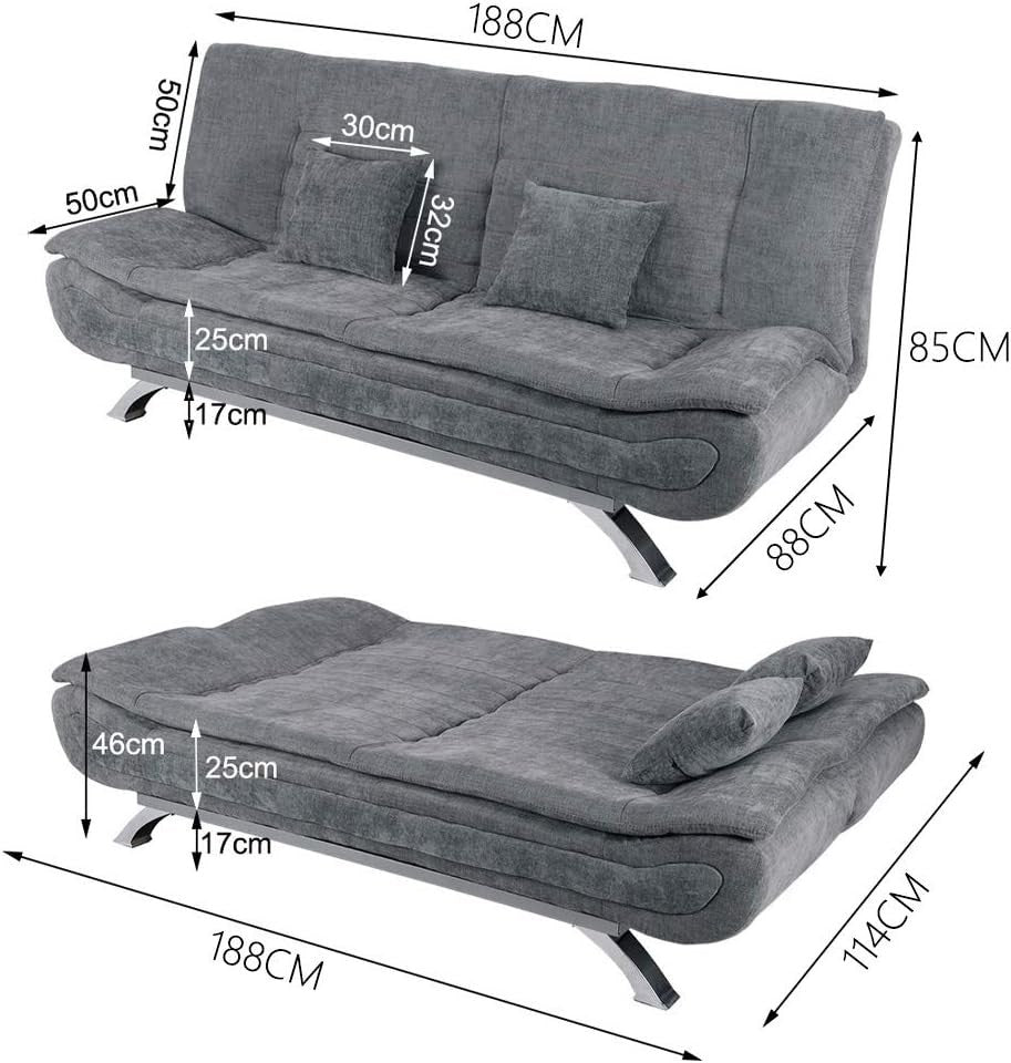 Luxury 3 Seater Sofa Bed Grey Linen Futon Couch w/ Pillows & Chrome Legs