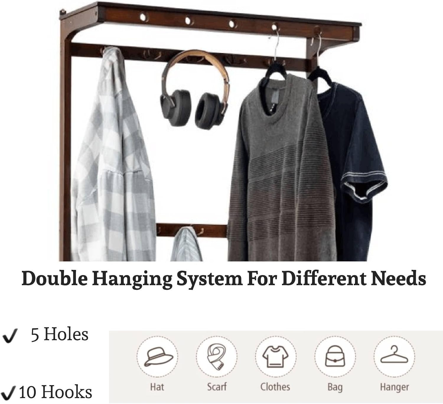 3-in-1 Bamboo Coat Rack Stand with Shoe Storage & Hooks for Entryway
