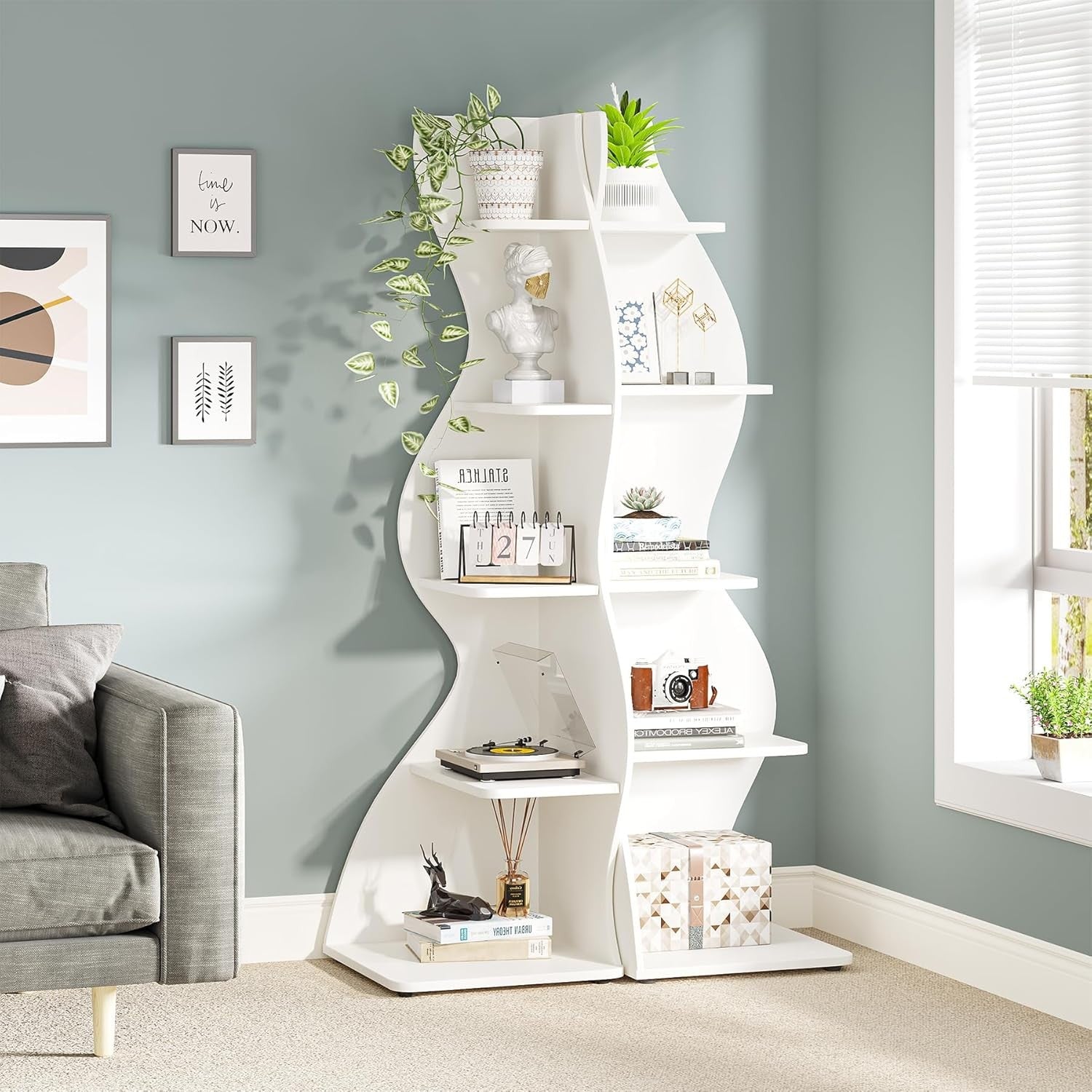 Modern 5-Tier Corner Bookshelf Wave Design Wall Storage Rack for Living Room